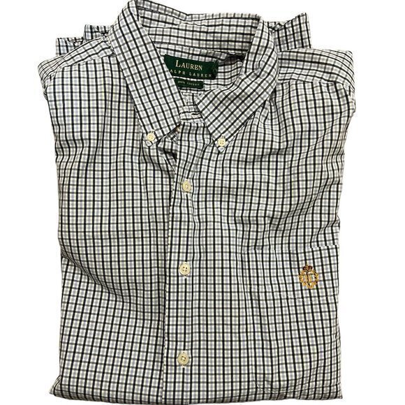 Lauren Ralph Lauren Mens‎ XL Button Down Plaid Short Sleeve Gold Crown Blue - Picture 7 of 7